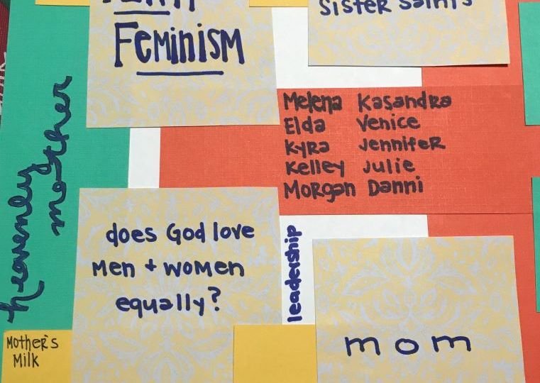 Patchwork of post-its with notes about faith and feminism