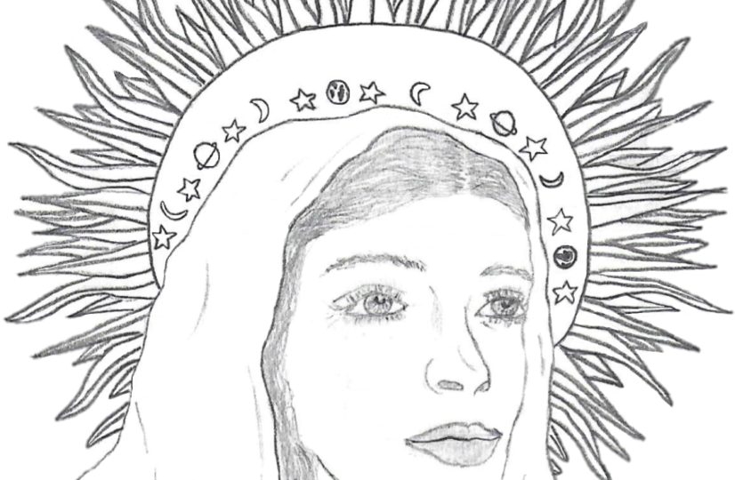 Pencil drawing of a woman wearing a crown made of stars and planets