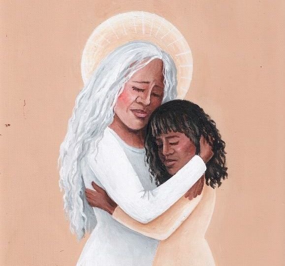 White haired woman hugging girl