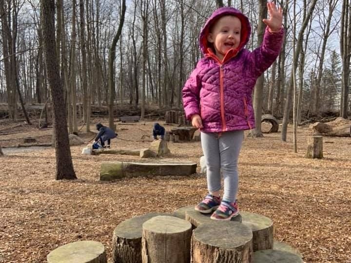 Toddler girl in pink coat standing on stump of wood and waving hand like a queen