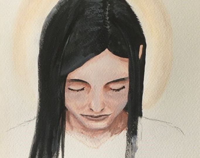 Woman with black hair an halo looking down