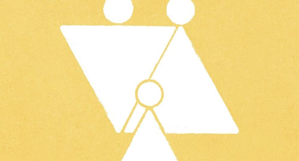 Yellow background with two triangular figures representing Heavenly Parents and a smaller triangular figure in front