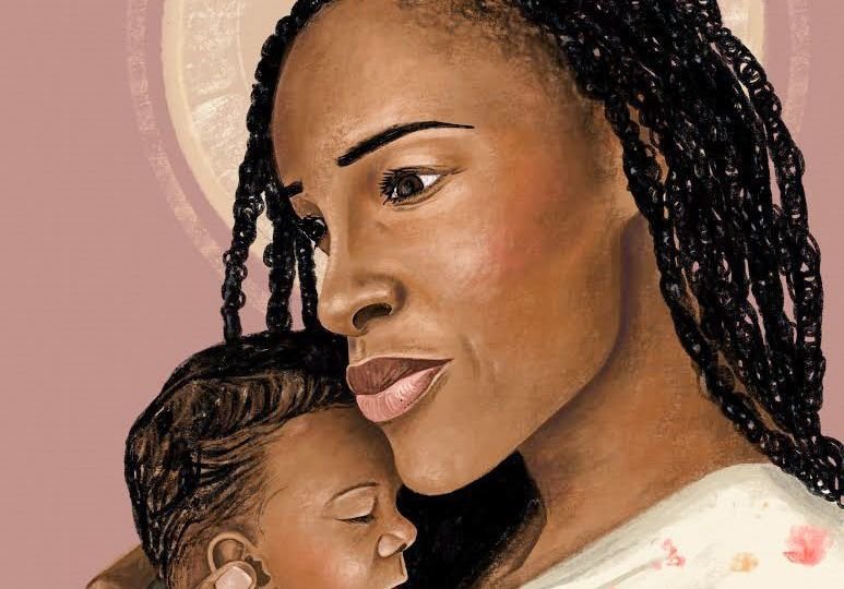 Black Heavenly Mother with halo holding Black baby