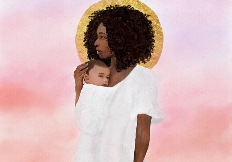 Black Heavenly Mother holding infant to her chest in front of pink and yellow sky