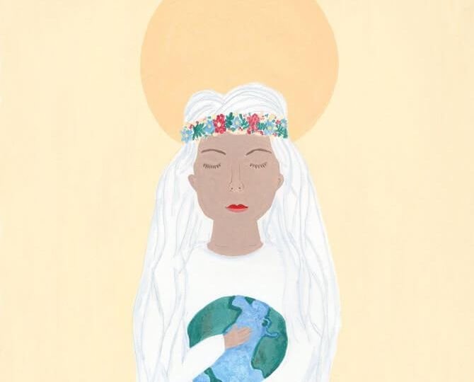 Drawing of woman holding earth in her hands