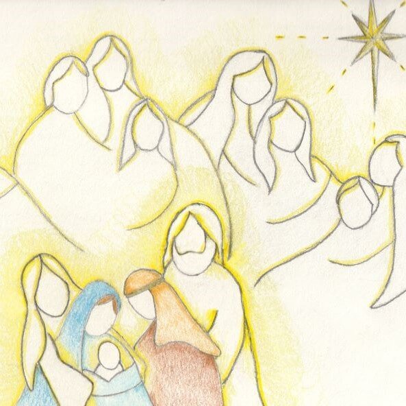 Pencil drawing of nativity scene and a group of angels