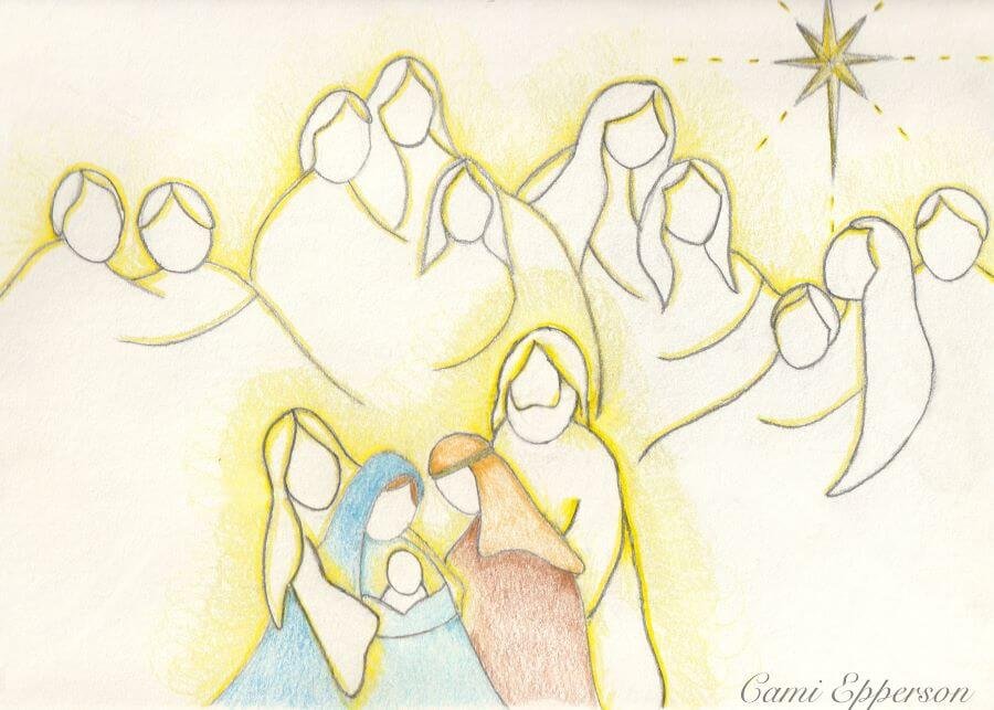 Pencil drawing of nativity scene and a group of angels