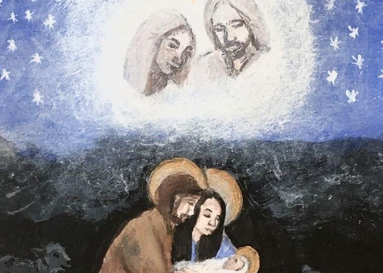 The faces of Heavenly Parents appear with a star over Joseph, Mary, and baby Jesus.