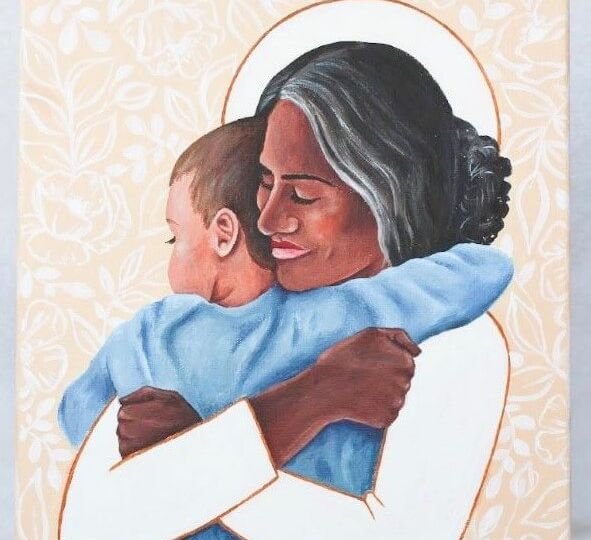 Black woman with white halo hugging young Black boy