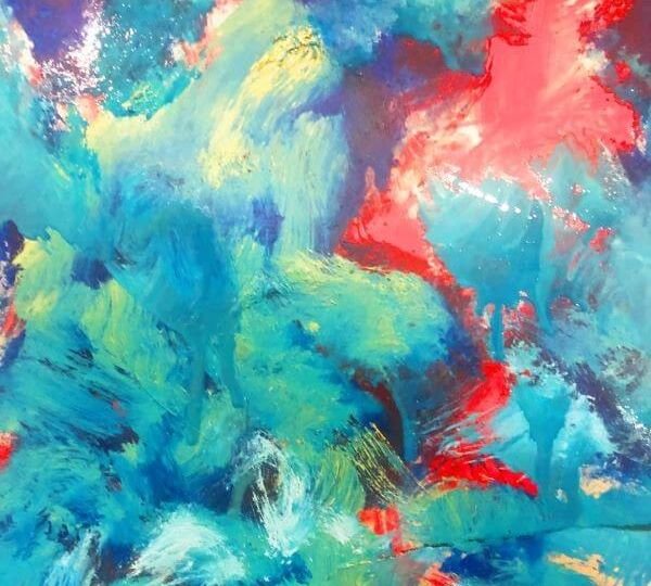 Abstract blue, red, green, and yellow brush strokes