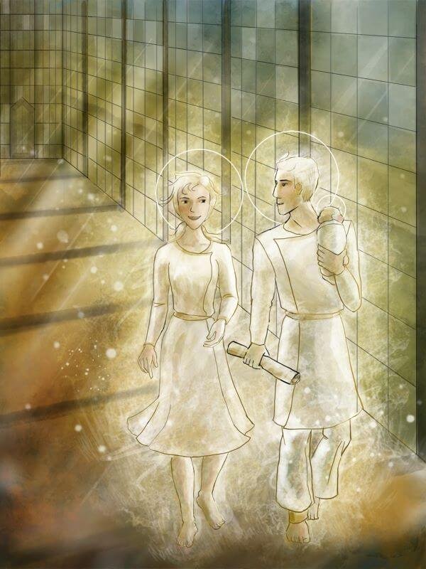 Digital drawing of Heavenly Parents. They are walking down a gold-toned hallway with horizontal shadows. The wall has slightly rainbow tiles. Each person wears white and has a halo around their head. Heavenly Father holds an infant against his shoulder and carries a scroll of paper in his other hand.